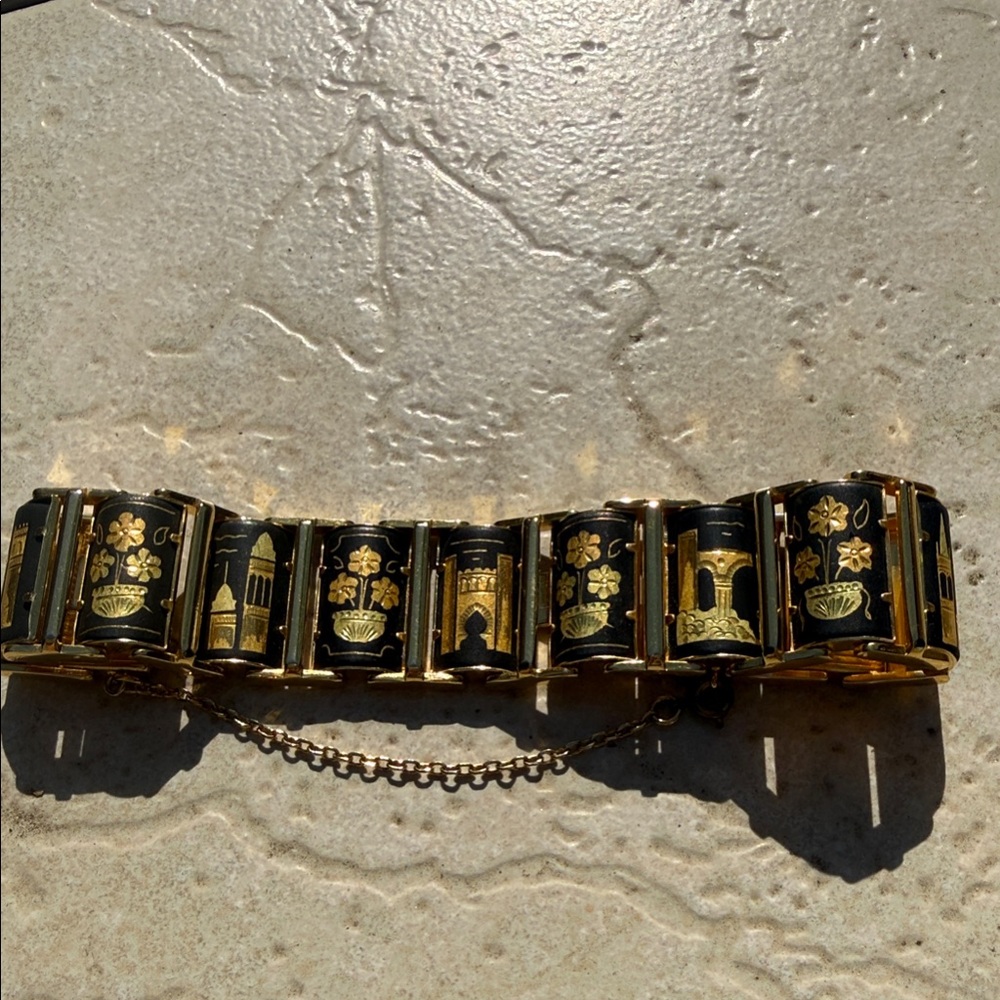 Vintage Japanese Damascene Black and Gold panel Bracelet 24k plated black enamel